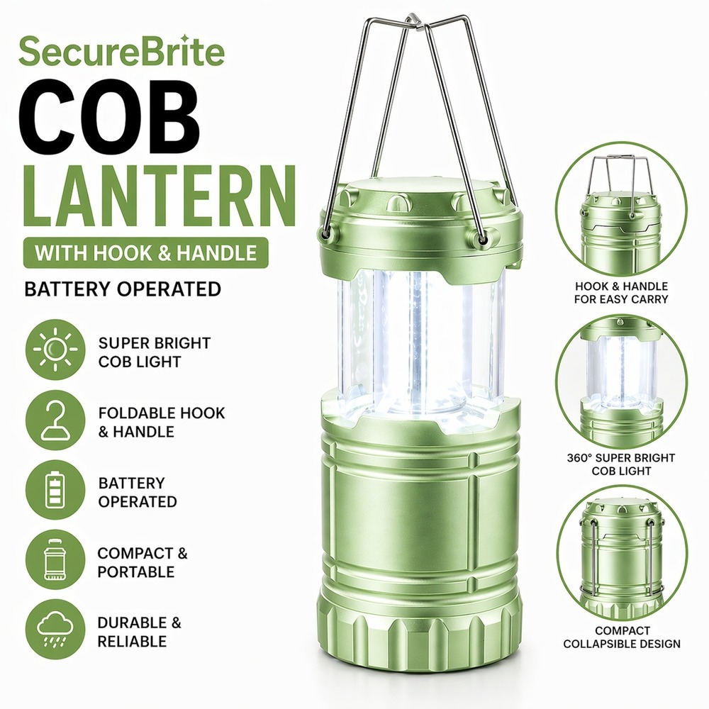 SecureBrite Large COB Lantern Battery Operated Collapsible LED Light Green
